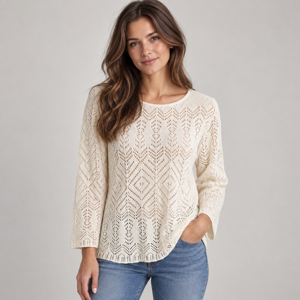Peruvian Connection Provence Pullover Pearl White Pima Cotton Pointelle Knit L